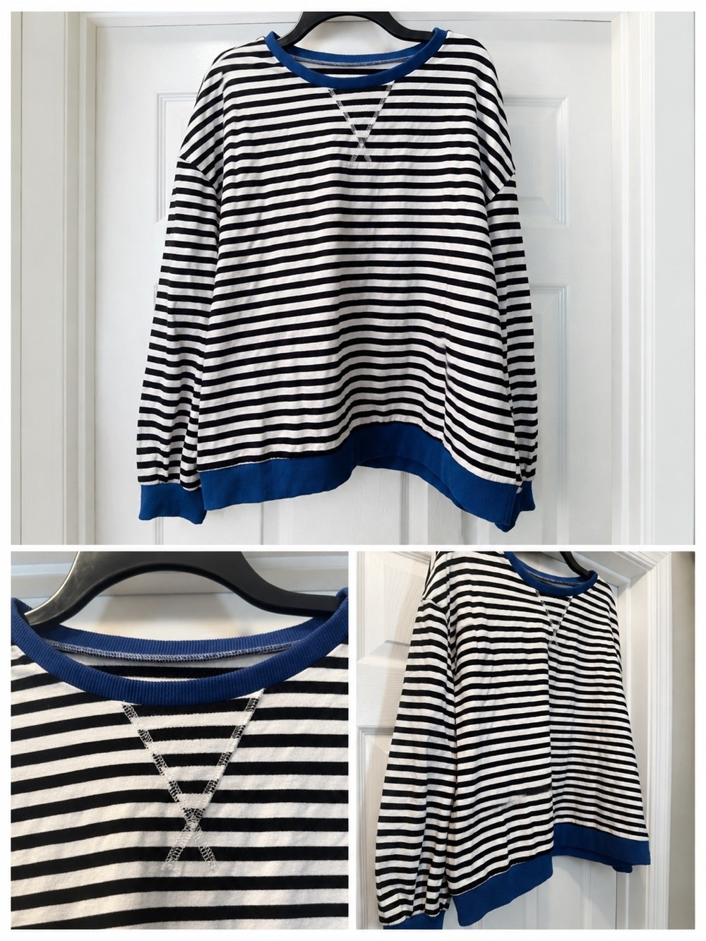 Amazon Black and White Striped Crewneck Sweater with Blue Trim